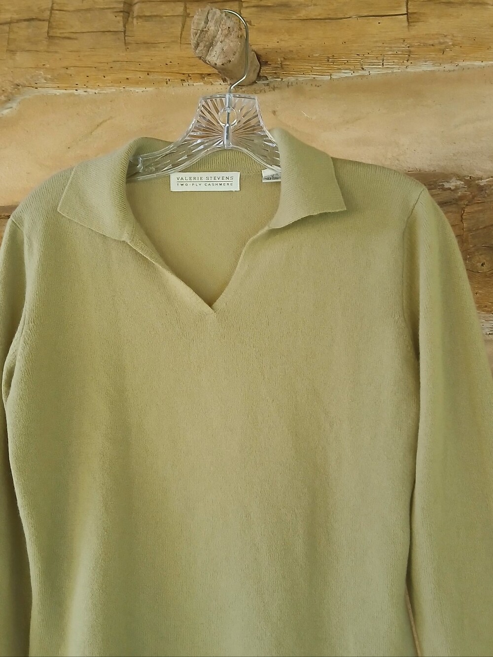 Valerie Stevens Olive Green Collared V Neck Two-Ply Cashmere Sweater Small - Picture 2 of 11